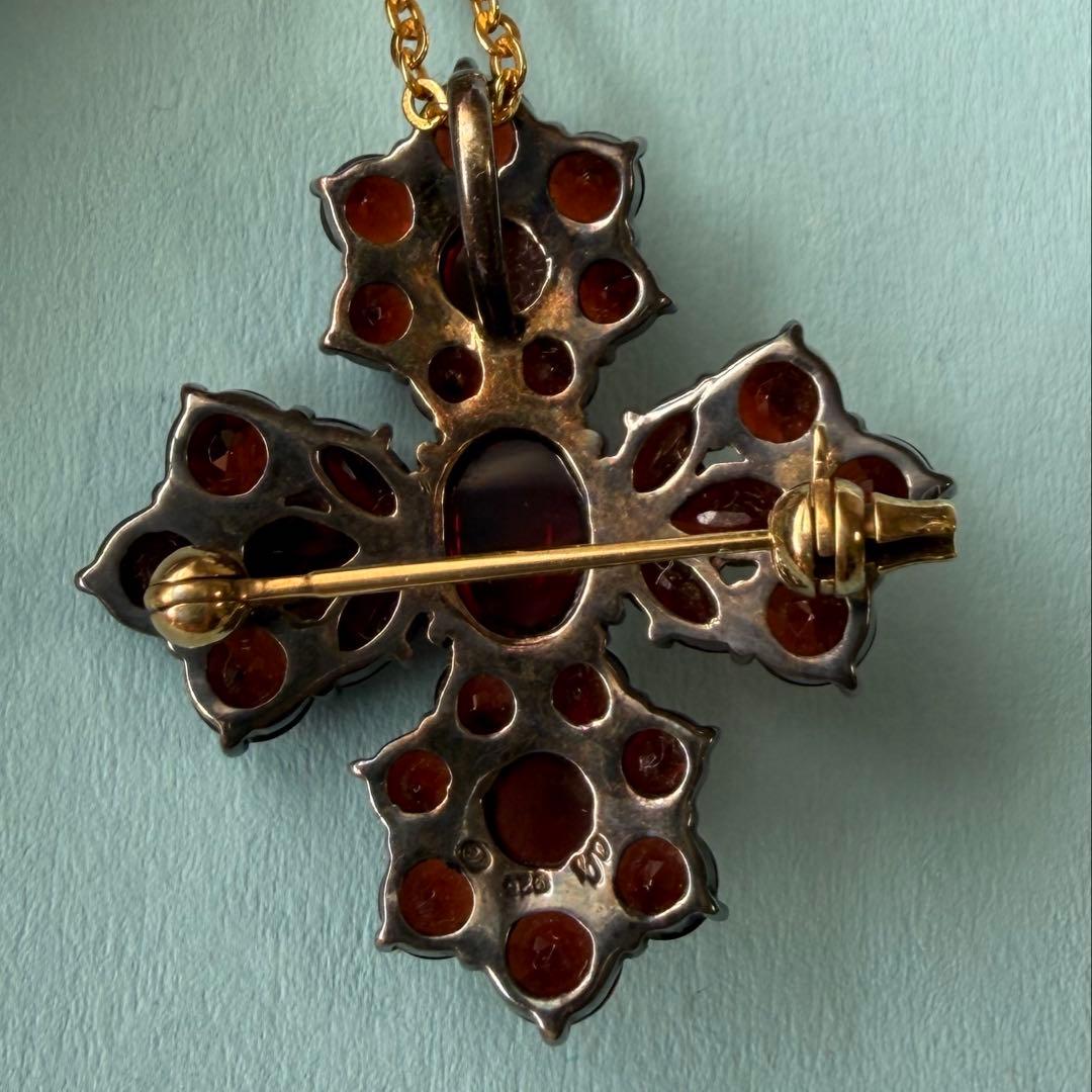 碌山　ロクザン　ヴィンテージ風　十字架　ブローチ　ガーネット　ペンダントトップ