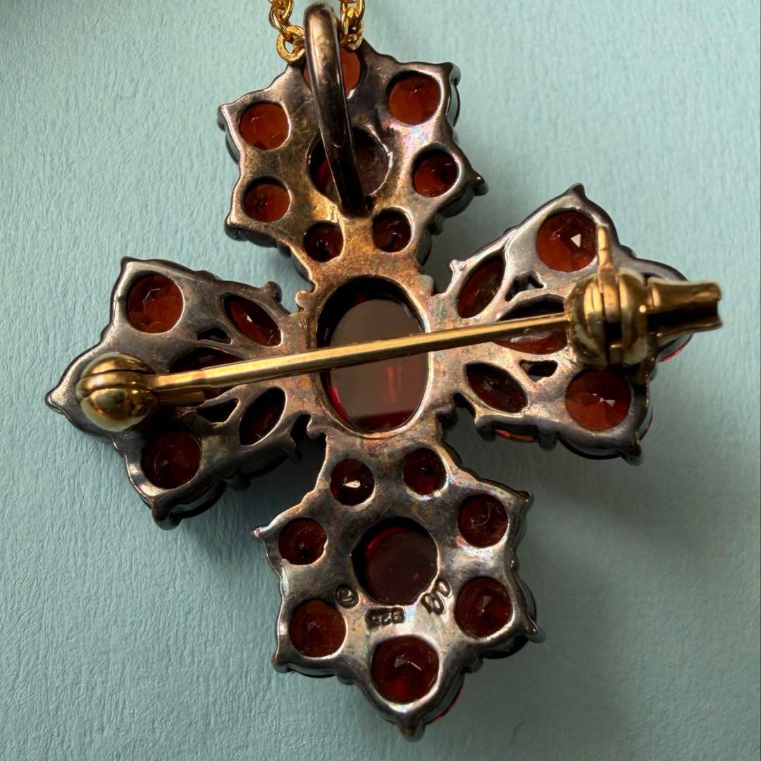 碌山　ロクザン　ヴィンテージ風　十字架　ブローチ　ガーネット　ペンダントトップ