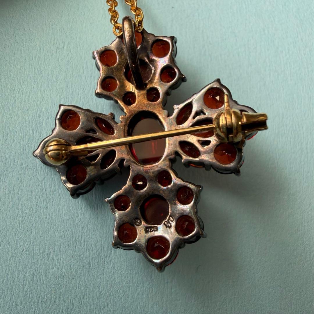 碌山　ロクザン　ヴィンテージ風　十字架　ブローチ　ガーネット　ペンダントトップ