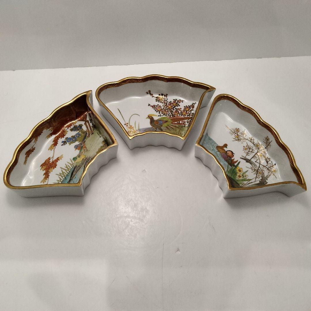 R127 江戸後期～明治期 九谷 金襴手花鳥紋オードブル皿 七点揃 時代箱付　F