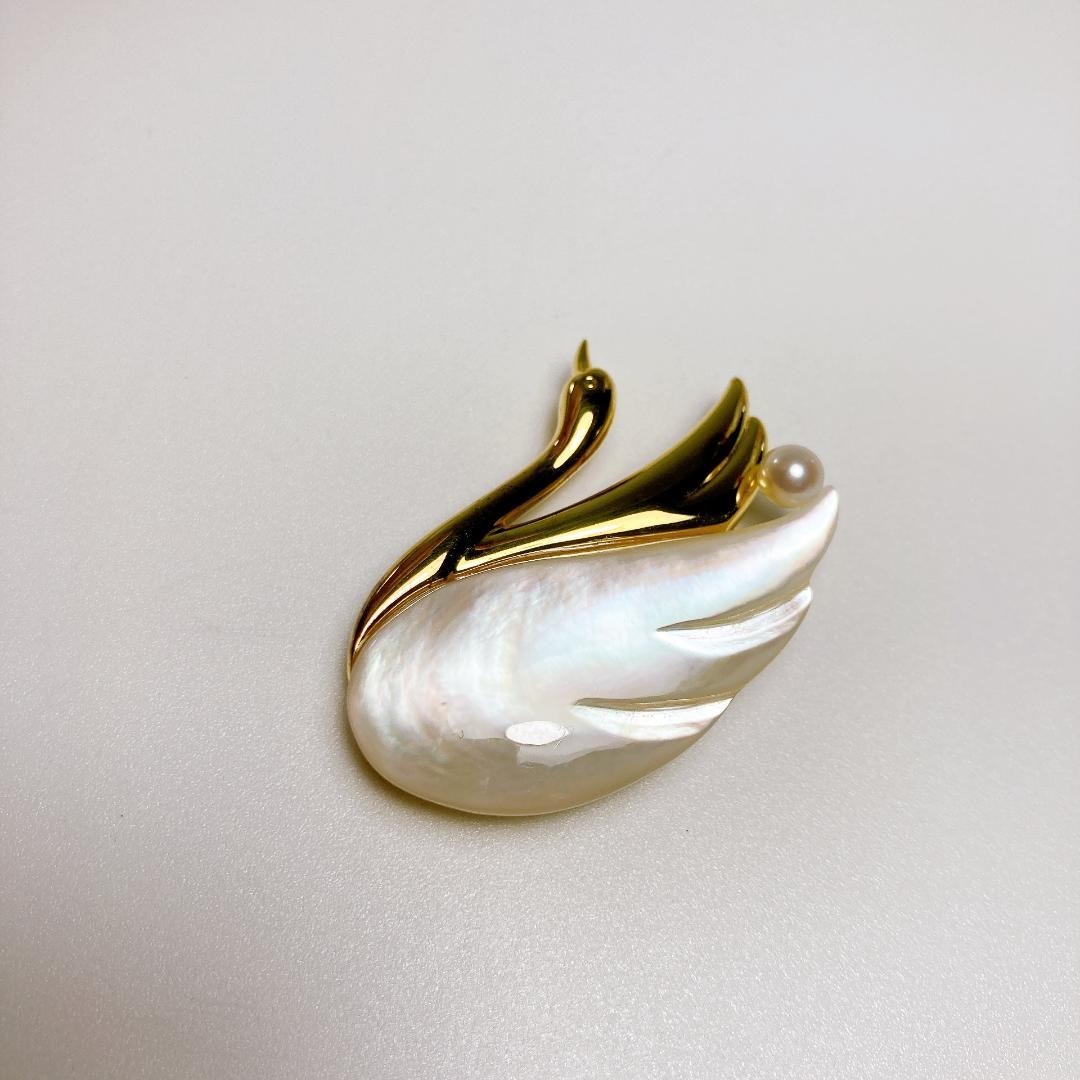タサキ 田崎真珠 白鳥 パール 白蝶貝 ブローチ　TASAKI　|2838| ☆
