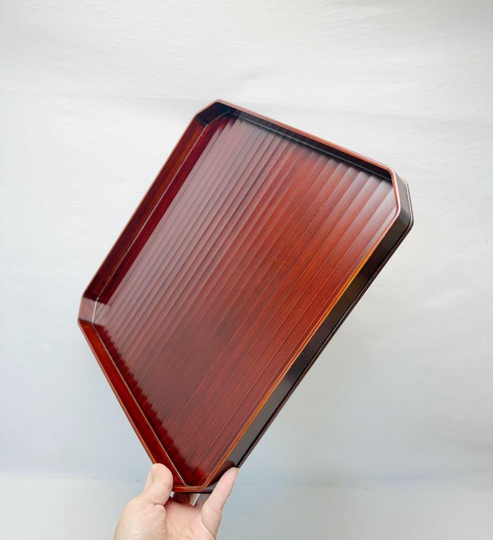 ほぼ未使用 懐石道具 塗師 半峰造 利休形 鉋目折敷膳 十客揃 木製溜塗会席膳