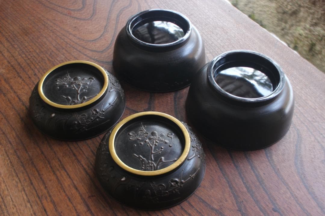 デッドストック！風情ある鉄錆塗に見返し富士蒔絵の映える煮物椀2点（検会津塗蒔絵椀