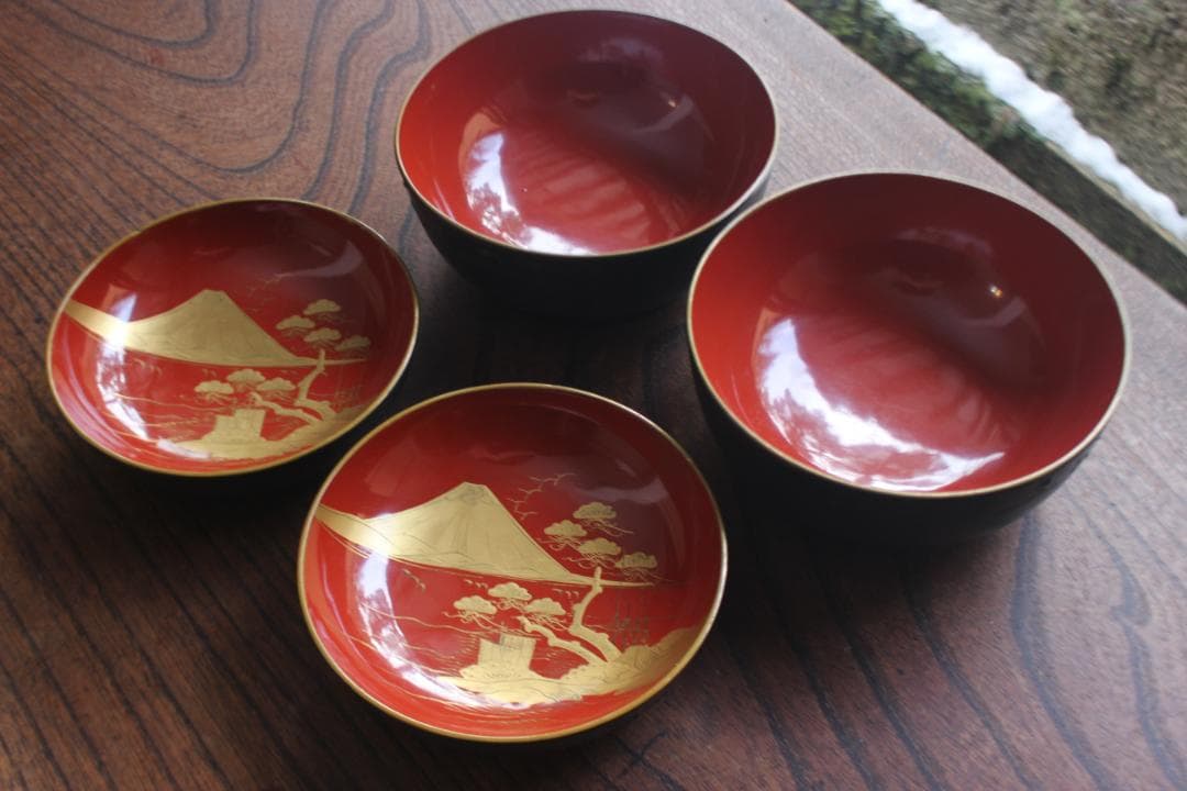 デッドストック！風情ある鉄錆塗に見返し富士蒔絵の映える煮物椀2点（検会津塗蒔絵椀