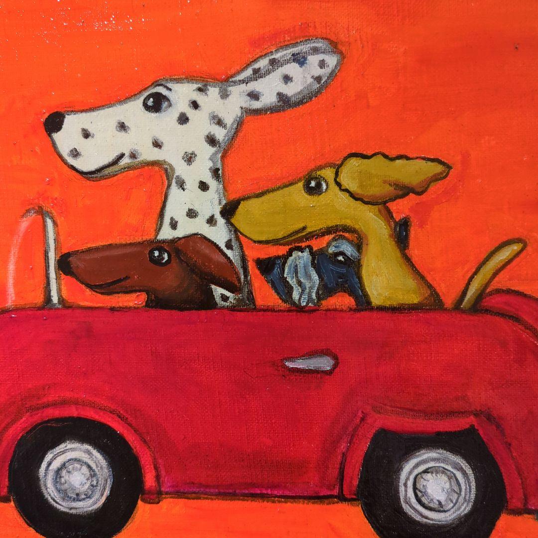 キャンバス油絵  1393確認　ドライブする犬たち