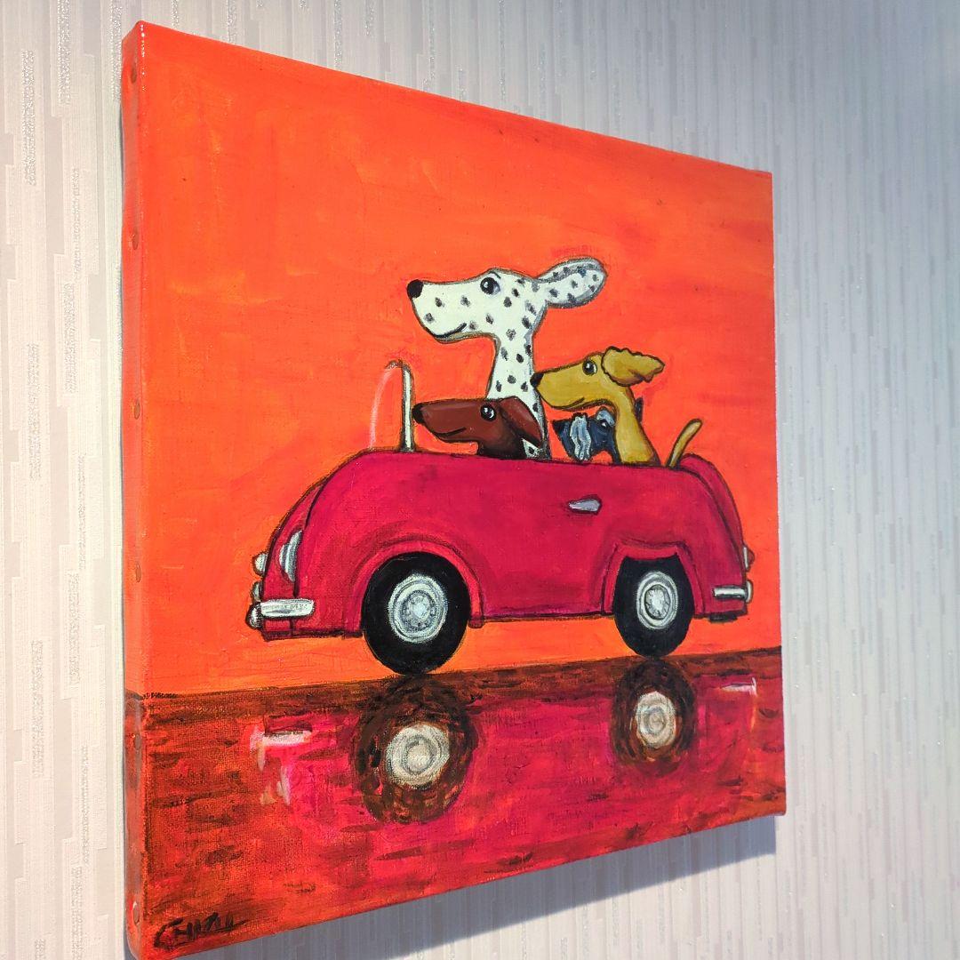 キャンバス油絵  1393確認　ドライブする犬たち