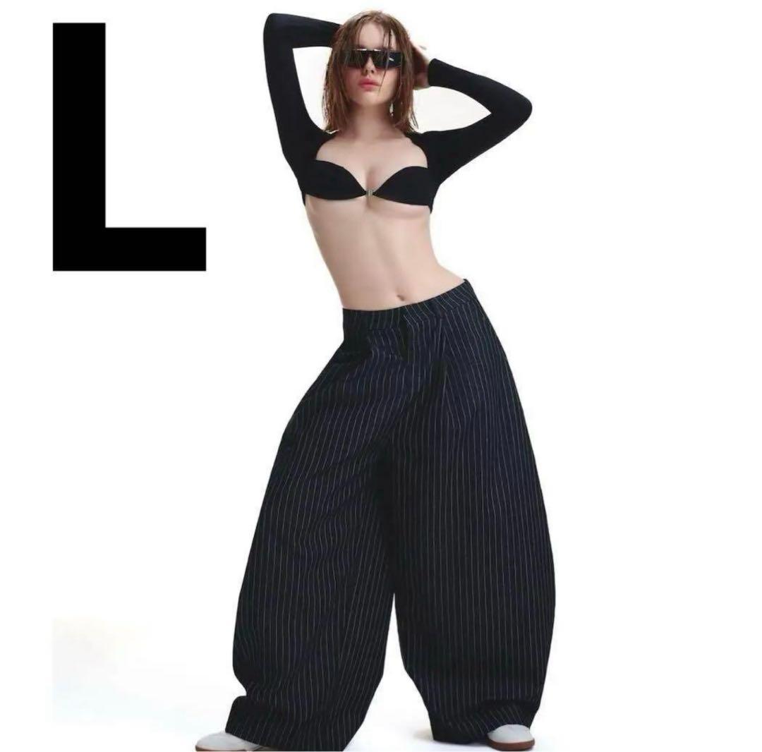 Lサイズ PUSH PUSH ワイドパンツ ブラック ストライプ デニム