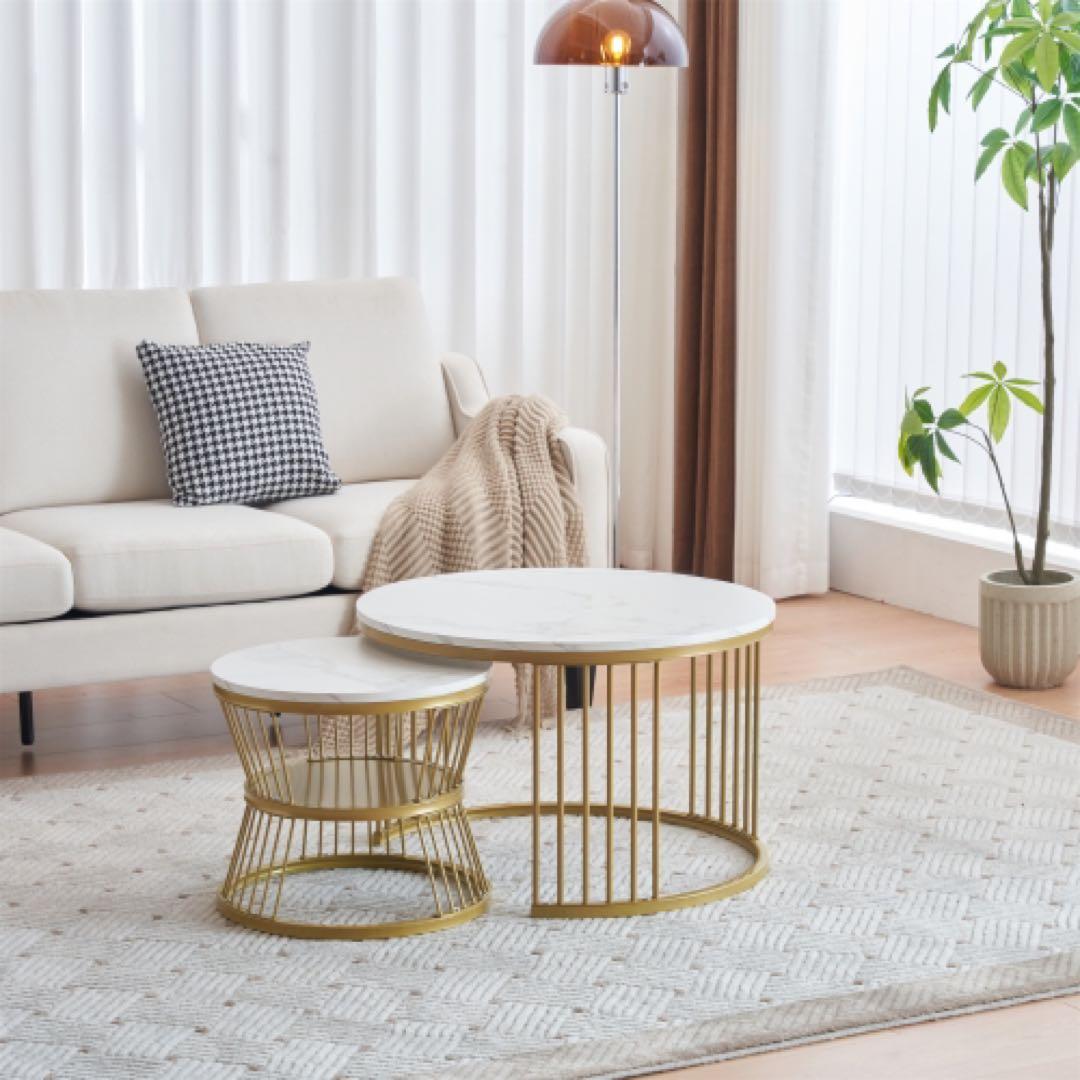 センターテーブル ネストテーブル ローテーブル 丸円型【ホワイト＋ゴールド脚】