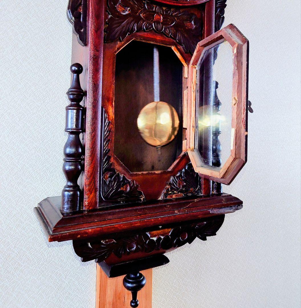 〈稼働・美品〉横浜エムズイ商会　鎌倉彫り装飾ひまわり型ゼンマイ振り子時計　古時計