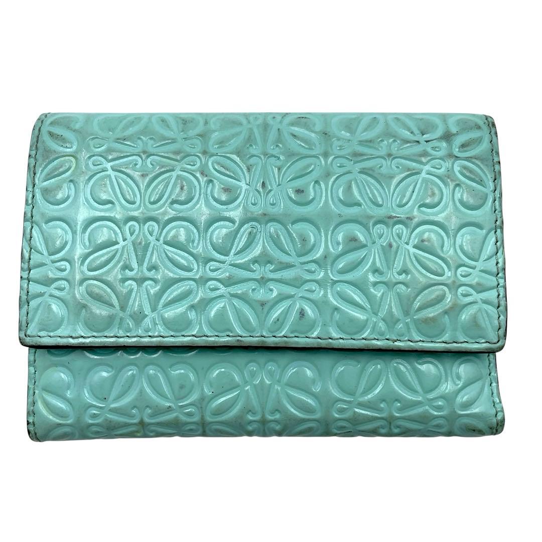 【微美品】LOEWE ロエベ　折り財布　アナグラム　総柄　水色　レザー