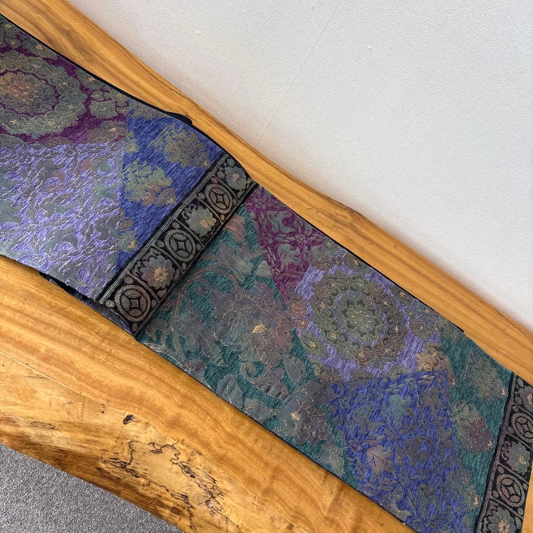 袋帯 花柄 紫 緑　華天　鵞絨　莫臥児