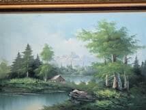 【真作】絵画　油彩　湖畔の山岳風景　水辺の小屋を描いた風景画　Y188