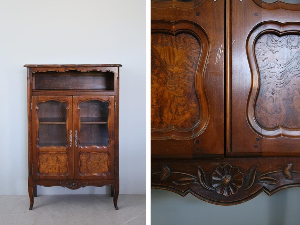 フランスアンティーク木製ブックケースキャビネット/本棚/食器棚/飾棚90-247