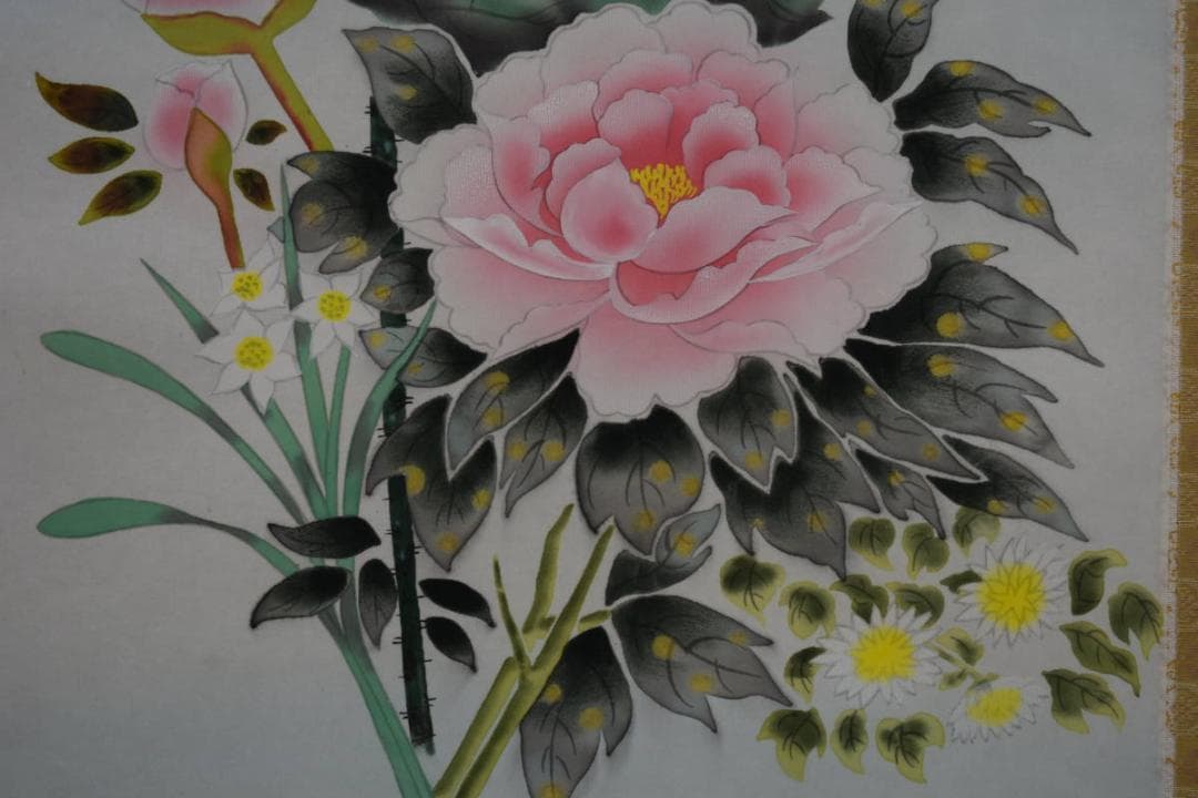 真作/横山香秋/四季草花図/桐共箱付/布袋屋掛軸HF-69