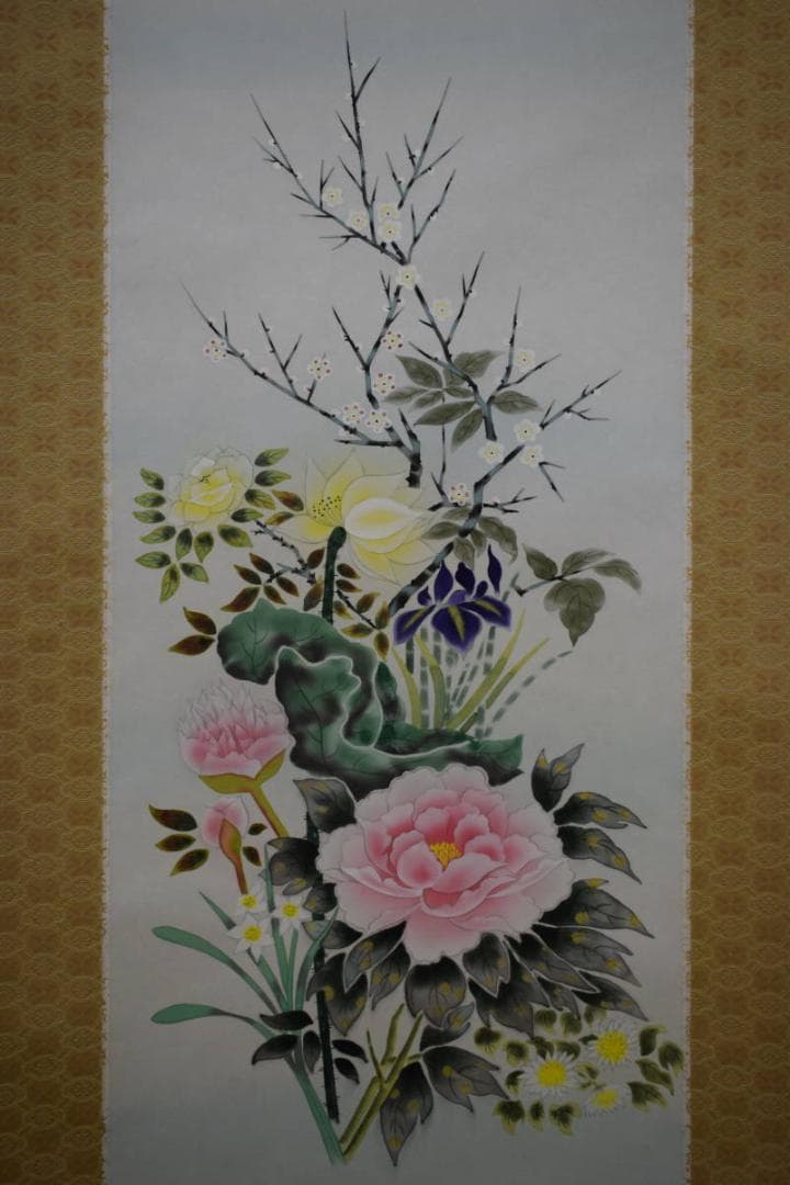 真作/横山香秋/四季草花図/桐共箱付/布袋屋掛軸HF-69