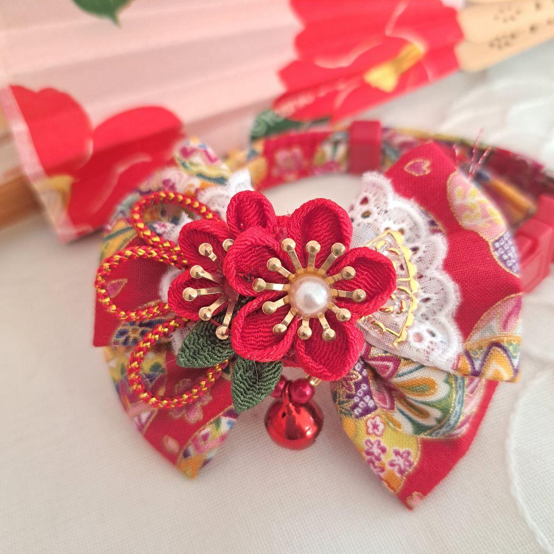 お正月、つまみ細工リボン(赤②)わんちゃん猫ちゃん用首輪