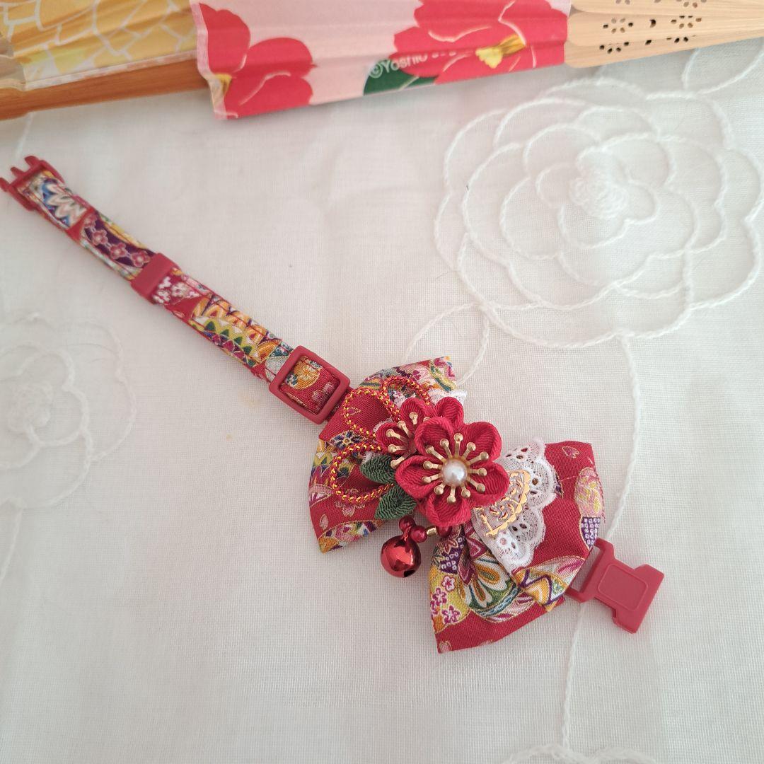 お正月、つまみ細工リボン(赤②)わんちゃん猫ちゃん用首輪