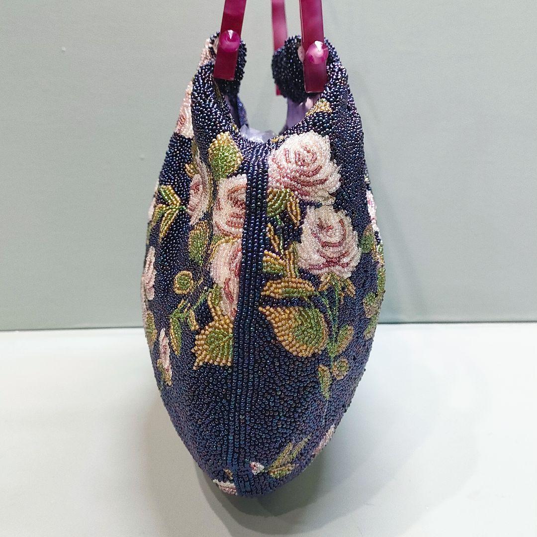 総ビーズバッグ レトロデザイン バラ柄 ネイビー ハンドバッグ