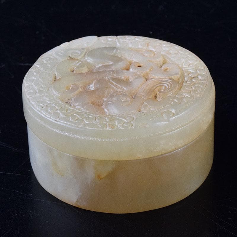 中国　玉石白玉彫刻　人物彫　盒子　蓋物　C　R8624