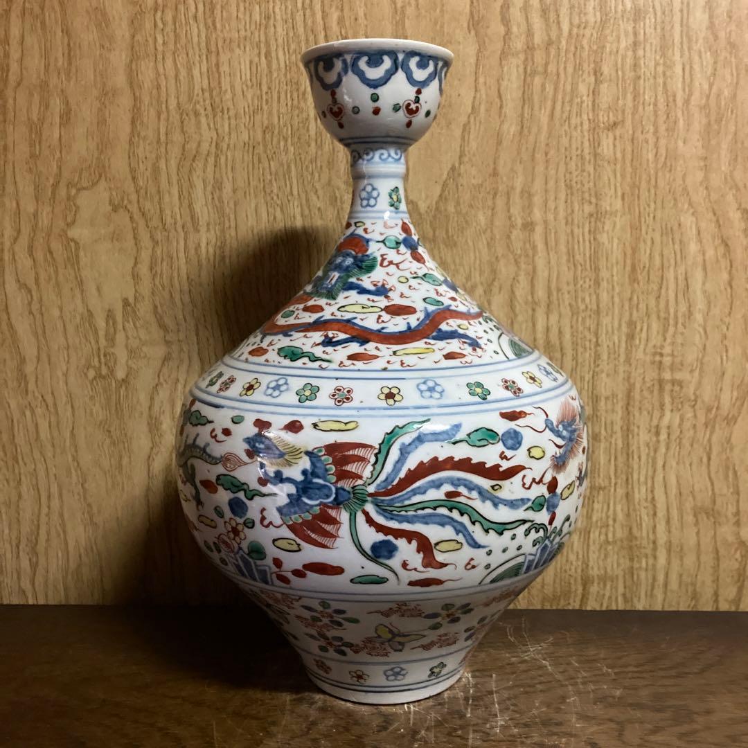 中国　色絵　瓶　龍鳳花蝶図　大明萬暦年製銘