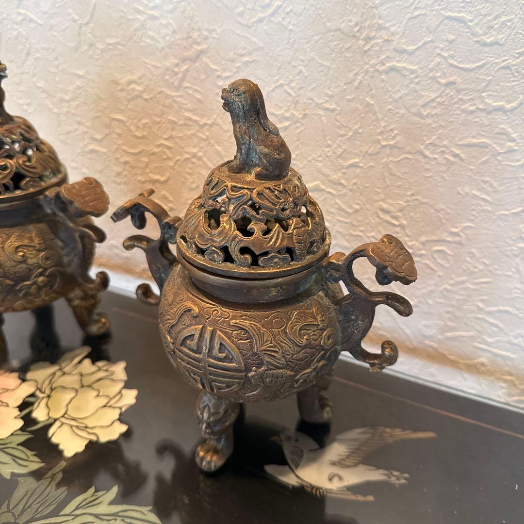 中国 香炉 一対 獅子蓋 真鍮製 風水アイテム アンティーク吉祥文様