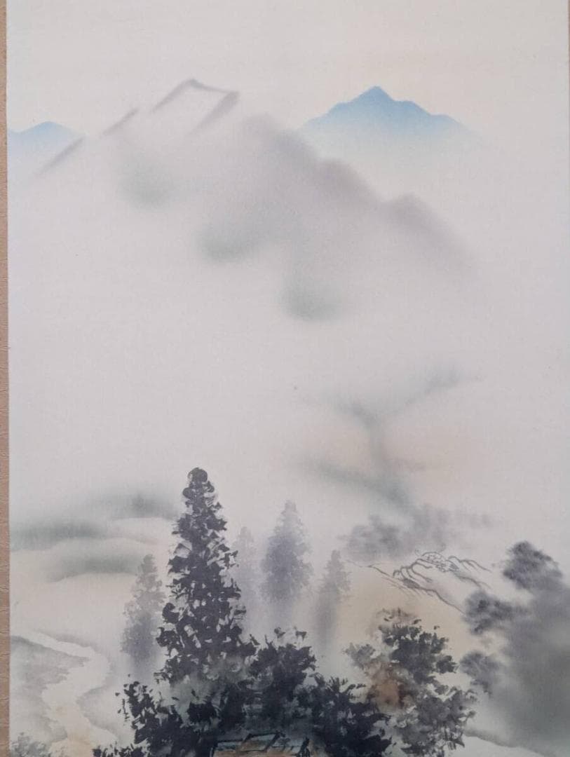 【真作】掛軸　長尾梅友　四神相応山水図　茅葺屋根と清流の詩情　共箱入　T125