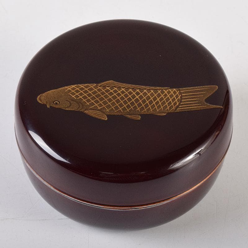 茶道具　山中塗　塗師　前端雅峯作　鯉蒔絵　内銀溜 　香合　共箱　D　R8486