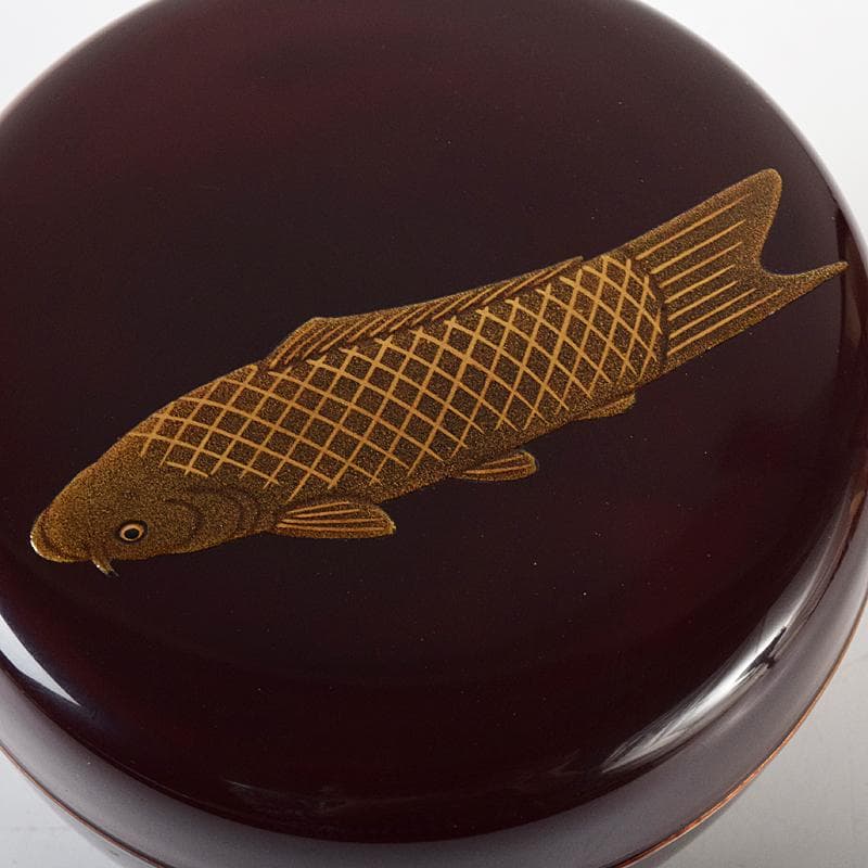 茶道具　山中塗　塗師　前端雅峯作　鯉蒔絵　内銀溜 　香合　共箱　D　R8486