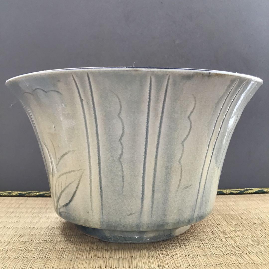 茶器　菓子器　御深井釉単花刻文菓子鉢　大江文象作　無形文化財　共箱　S274KH