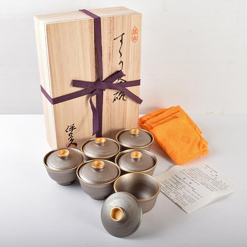 煎茶道具　萬古焼　森伊呂久作　すすり茶碗　蓋茶碗　六客　共箱　M　R5145B