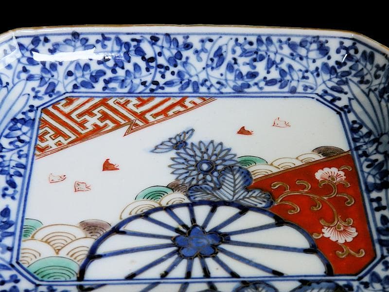 大聖寺伊万里　染錦　波千鳥に菊　花唐草の図　長皿　B288AS-CRn