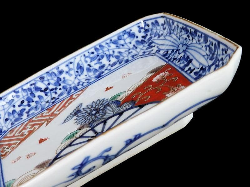 大聖寺伊万里　染錦　波千鳥に菊　花唐草の図　長皿　B288AS-CRn