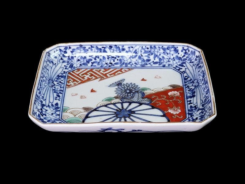 大聖寺伊万里　染錦　波千鳥に菊　花唐草の図　長皿　B288AS-CRn