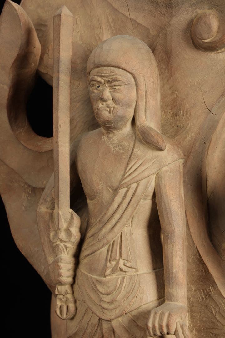 紺綬褒章受章 彫刻家【横山一夢】木彫 不動明王像「明王」49㎝ 置物 共箱 栞付