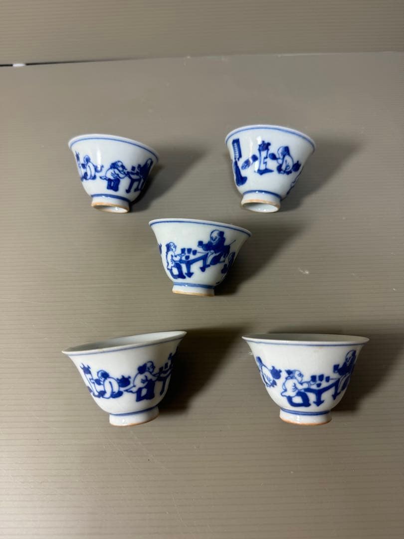 2388  九谷焼　染付　青花　猪口　5客　時代物