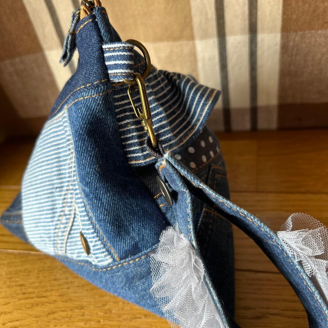 デニムリメイクフリルテトラポーチハンドメイド