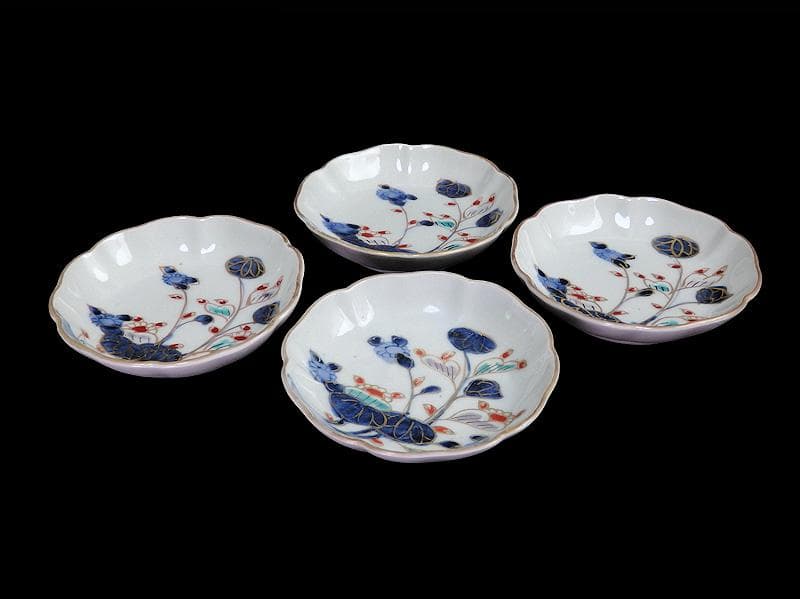 古伊万里 　染錦　河骨紋の図　手塩皿　3寸半皿　４枚 　D417AS-fbuw