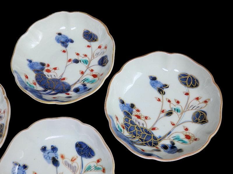 古伊万里 　染錦　河骨紋の図　手塩皿　3寸半皿　４枚 　D417AS-fbuw