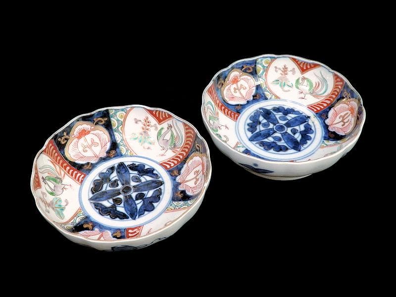 古伊万里  色絵　桐に鳳凰　花の図　膾皿　２客　D124AS-fbrh