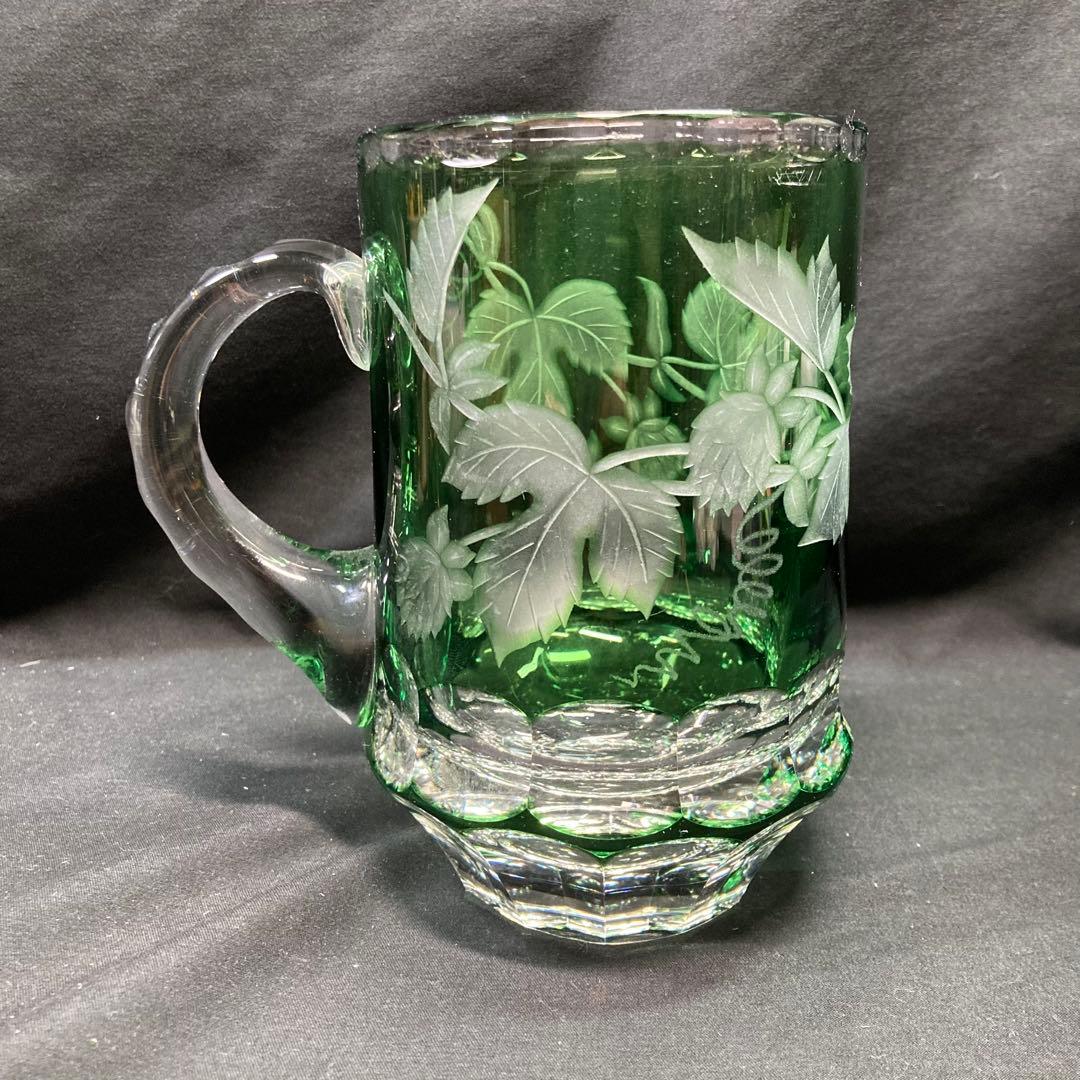 【美品】カガミクリスタル ビアジョッキ グリーン