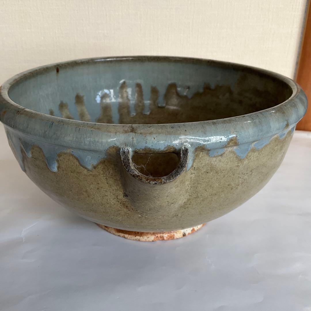 松代焼岡田窯　青釉薬片口　明治中期から大正初期頃