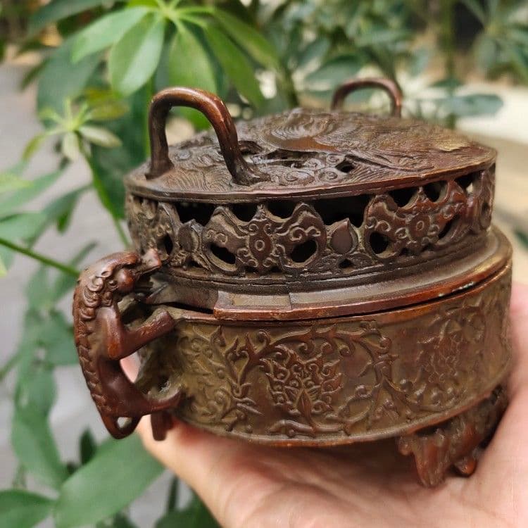 銅器 重工 彫刻 竜鳳薫香炉 美品 茶道具 香道具 工芸品美術品 置物