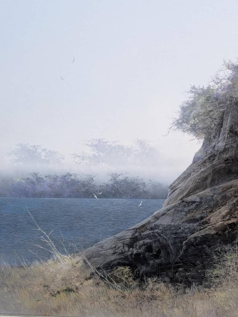 【真作】絵画　阪本修次　油彩30号　翔　叙情的風景画　岩と樹木の情景　Y157