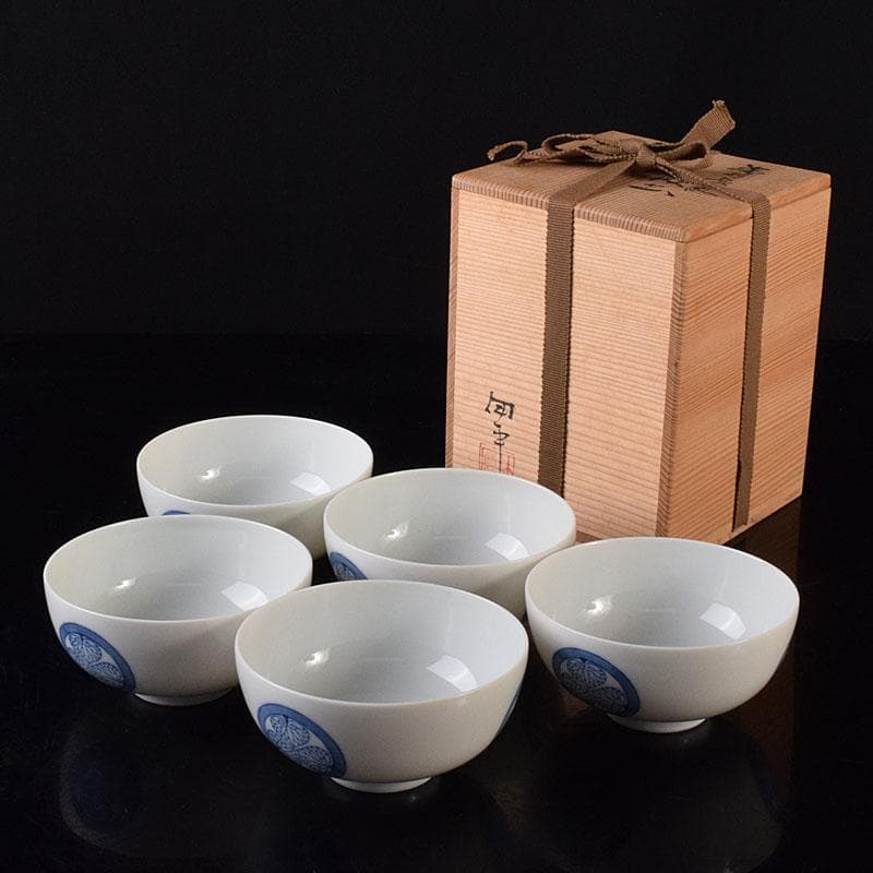 瀬戸焼　古陶園　竹鳳窯　伊藤伊平作 染付　葵紋　汲出茶碗　五客　共箱　C7352
