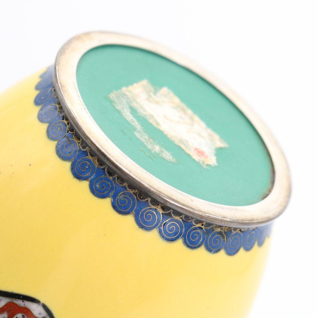 七宝焼 銀覆輪 唐草鳳凰龍図 花瓶 純銀刻印 唐木台座　V505　DC2