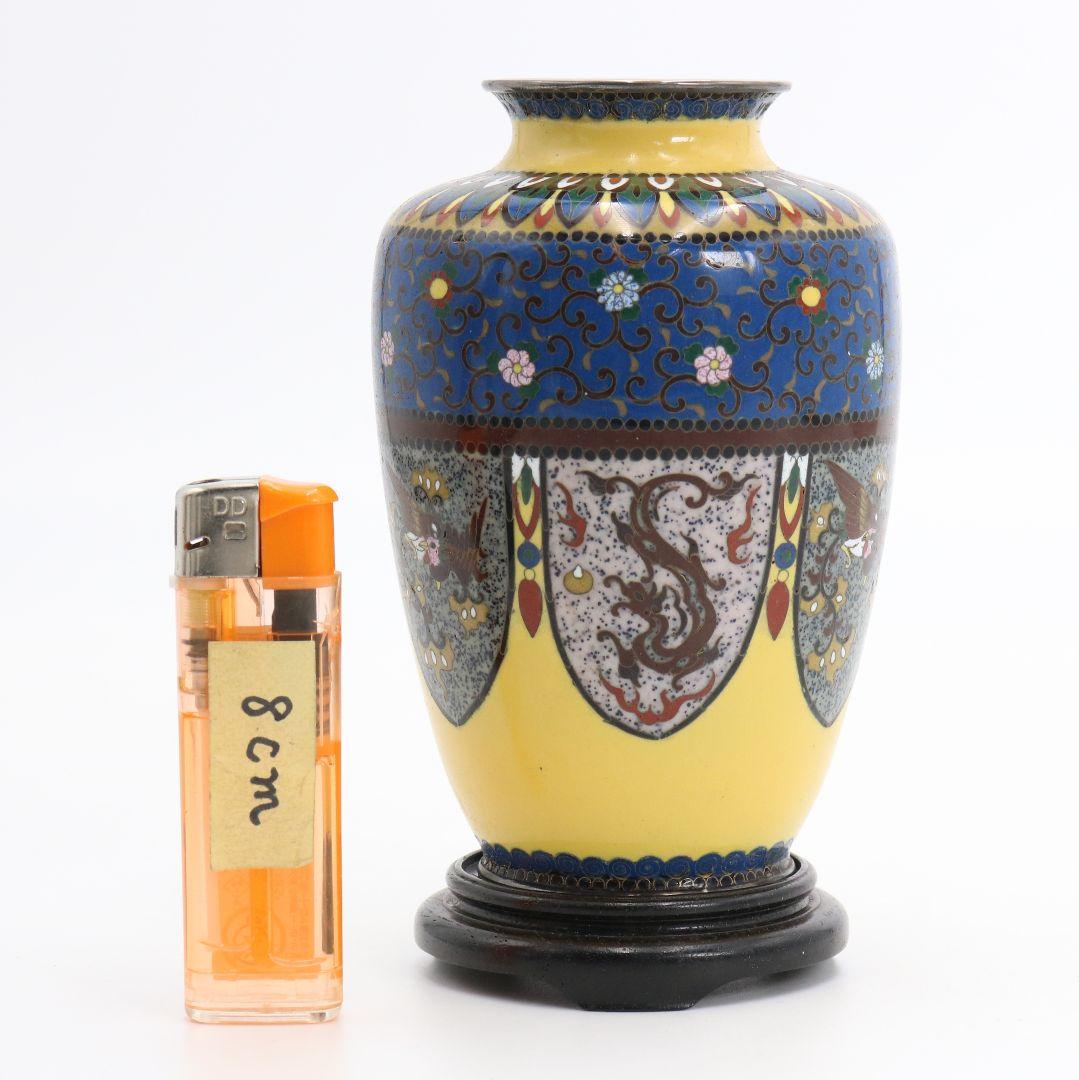 七宝焼 銀覆輪 唐草鳳凰龍図 花瓶 純銀刻印 唐木台座　V505　DC2