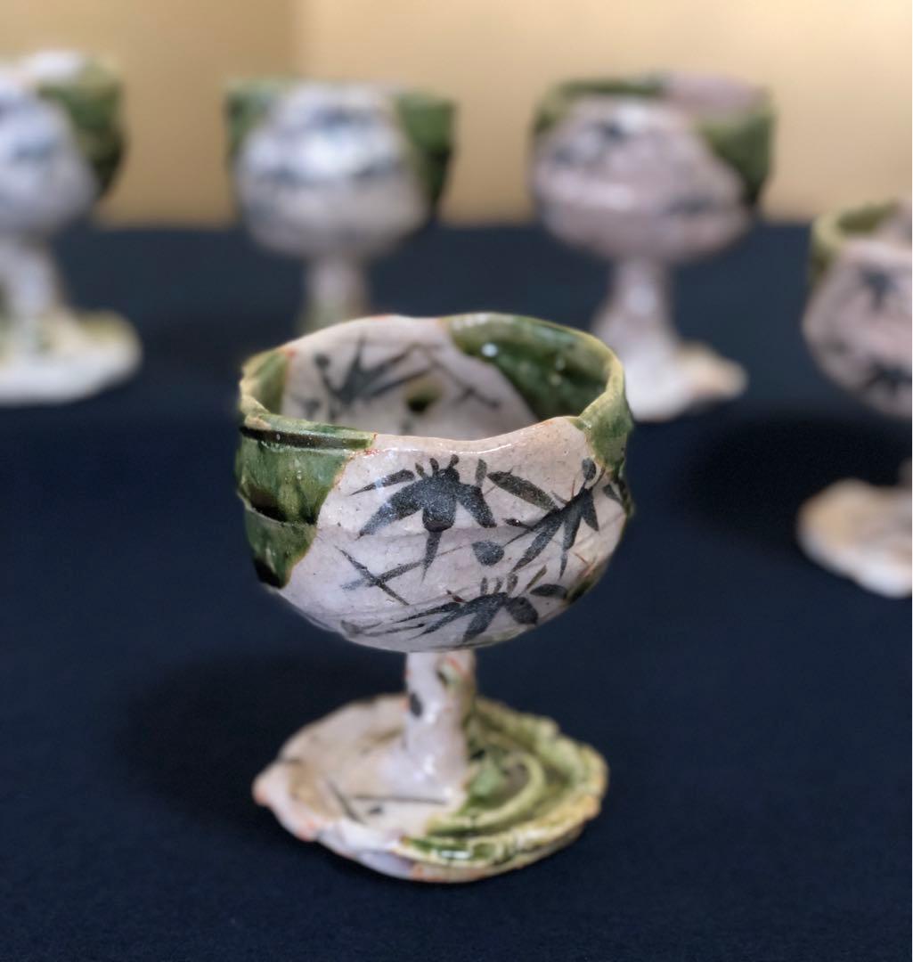 《R》織部焼 葡萄酒盃 5客 ワイン 玉置保夫作 陶歴 共箱 251014い2