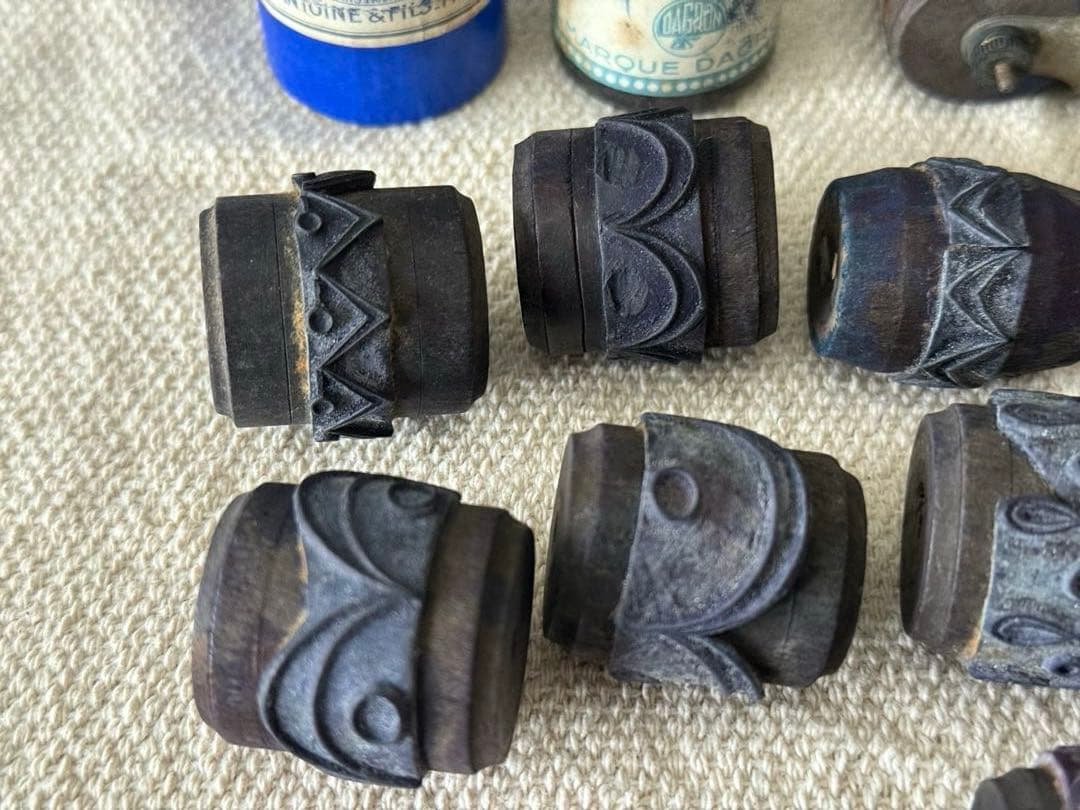 フランスアンティーク　木製スタンプ 15個セット インク瓶付き