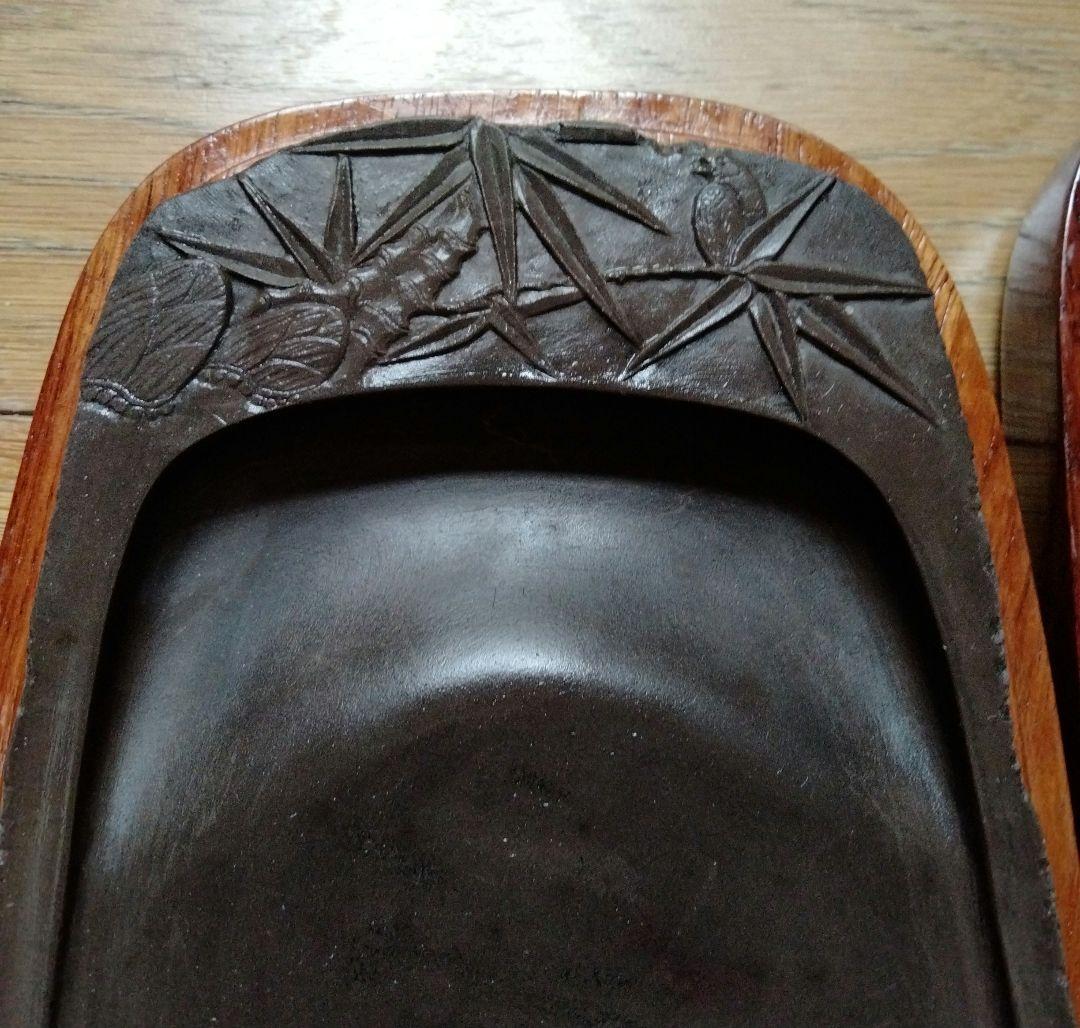 麻子坑 中国高級端渓名硯 珍しい筍竹雀図細工彫刻綺麗な唐木硯箱付最高品質端渓古硯