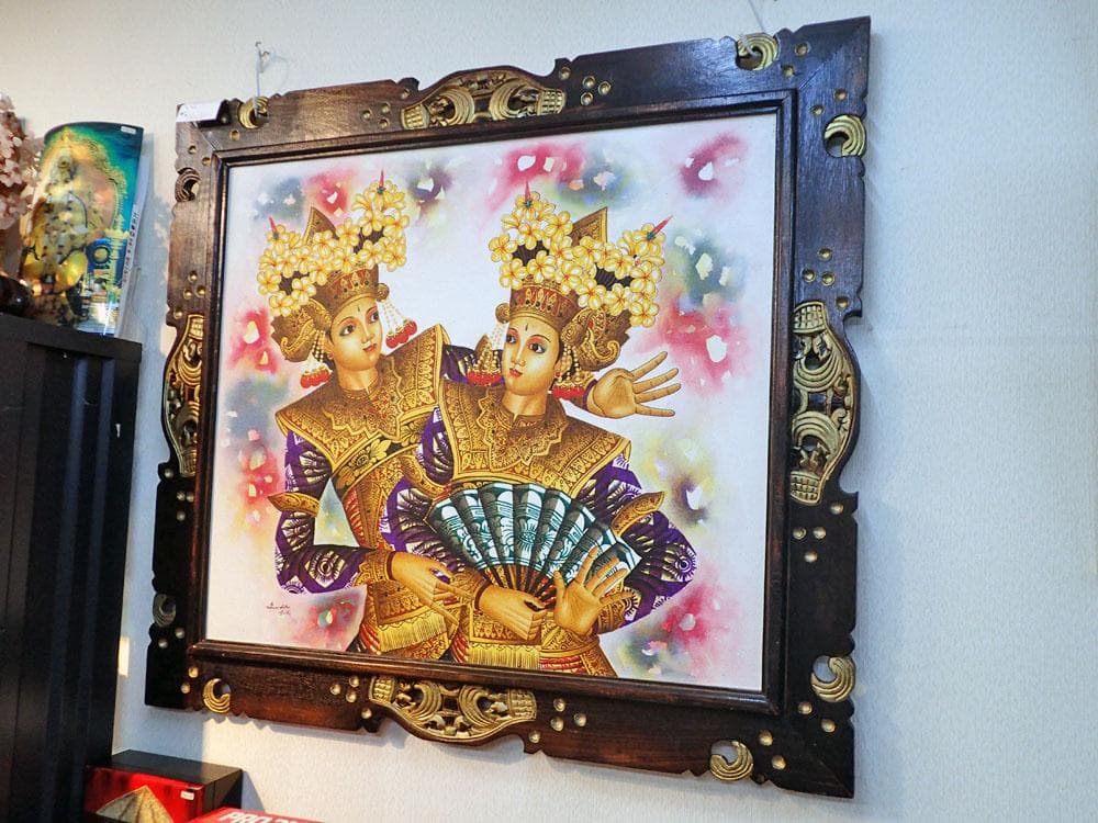 インドネシアの踊り子＿バリアート(絵画、額縁付)【アジアン雑貨】